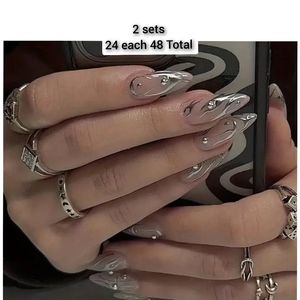 🤑3/$13 Upgrade Your Look With 24pcs Almond Shape Full Cover silver designe